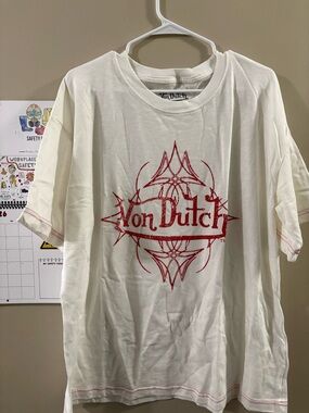 Von Dutch White Tee with Red Tribal Logo